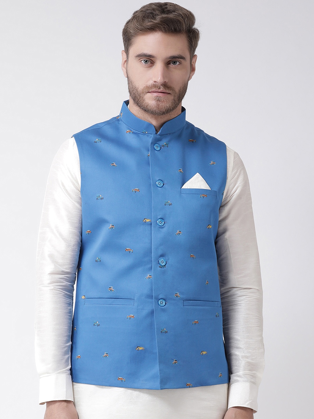 

DEYANN Men Blue Printed Nehru Jacket