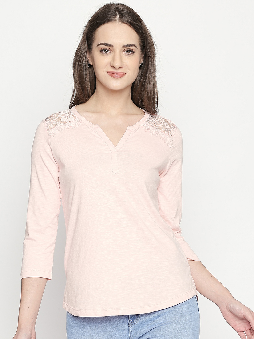 

Honey by Pantaloons Women Pink Self Design Pure Cotton Top