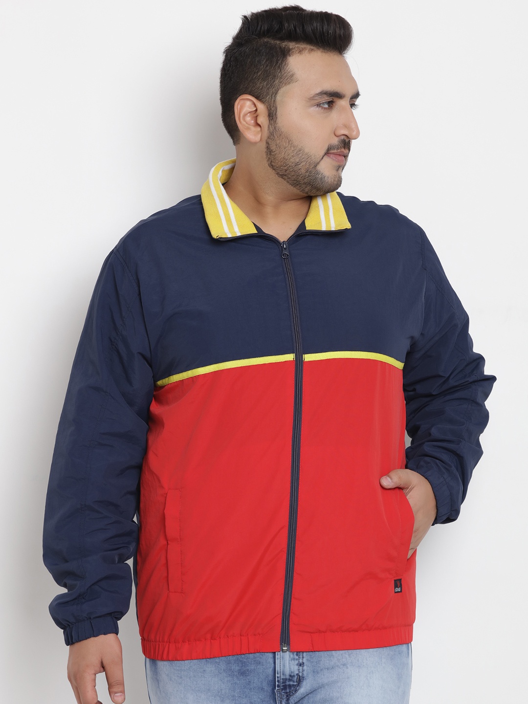 

John Pride Plus Size Men Blue Red Colourblocked Lightweight Bomber