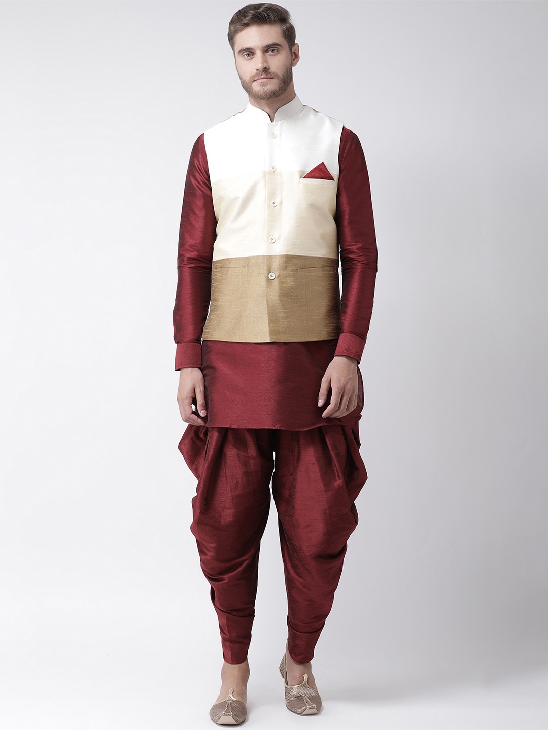 

DEYANN Men Maroon & Cream-Coloured Colourblocked Kurta with Dhoti Pants & Nehru Jacket