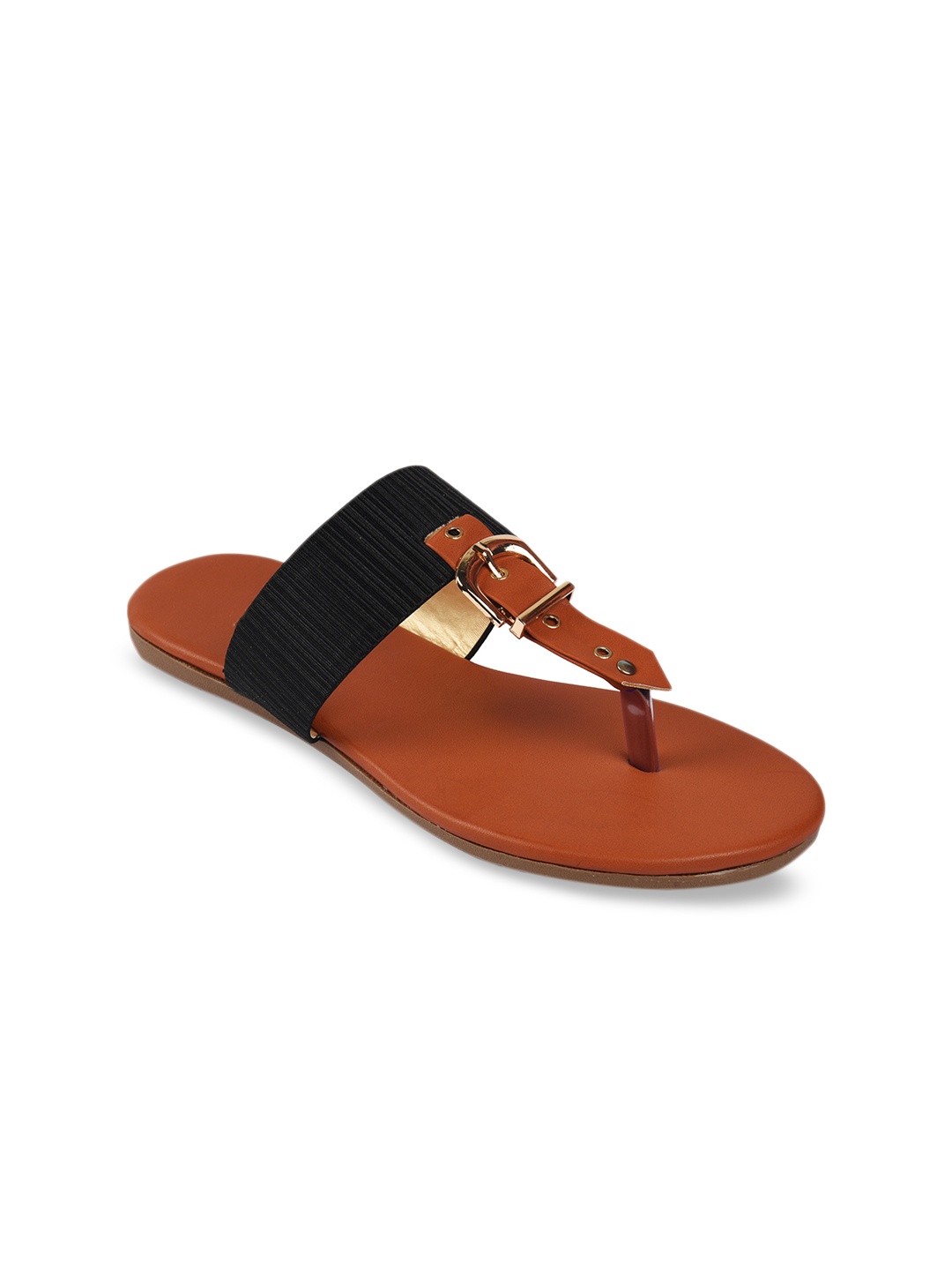 

WOMENS BERRY Women Tan Colourblocked T-Strap Flats