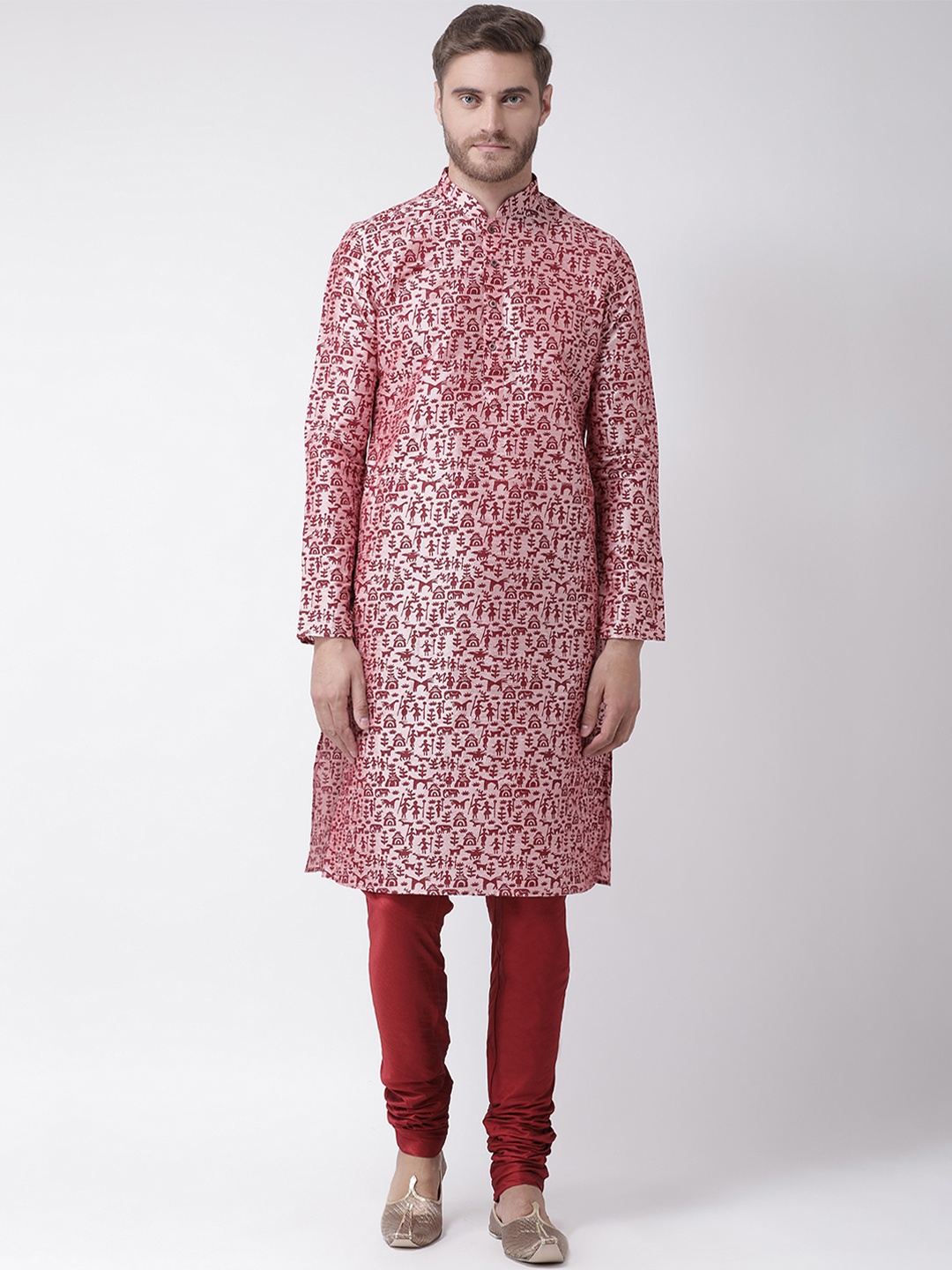 

DEYANN Men Pink & Red Printed Kurta with Churidar
