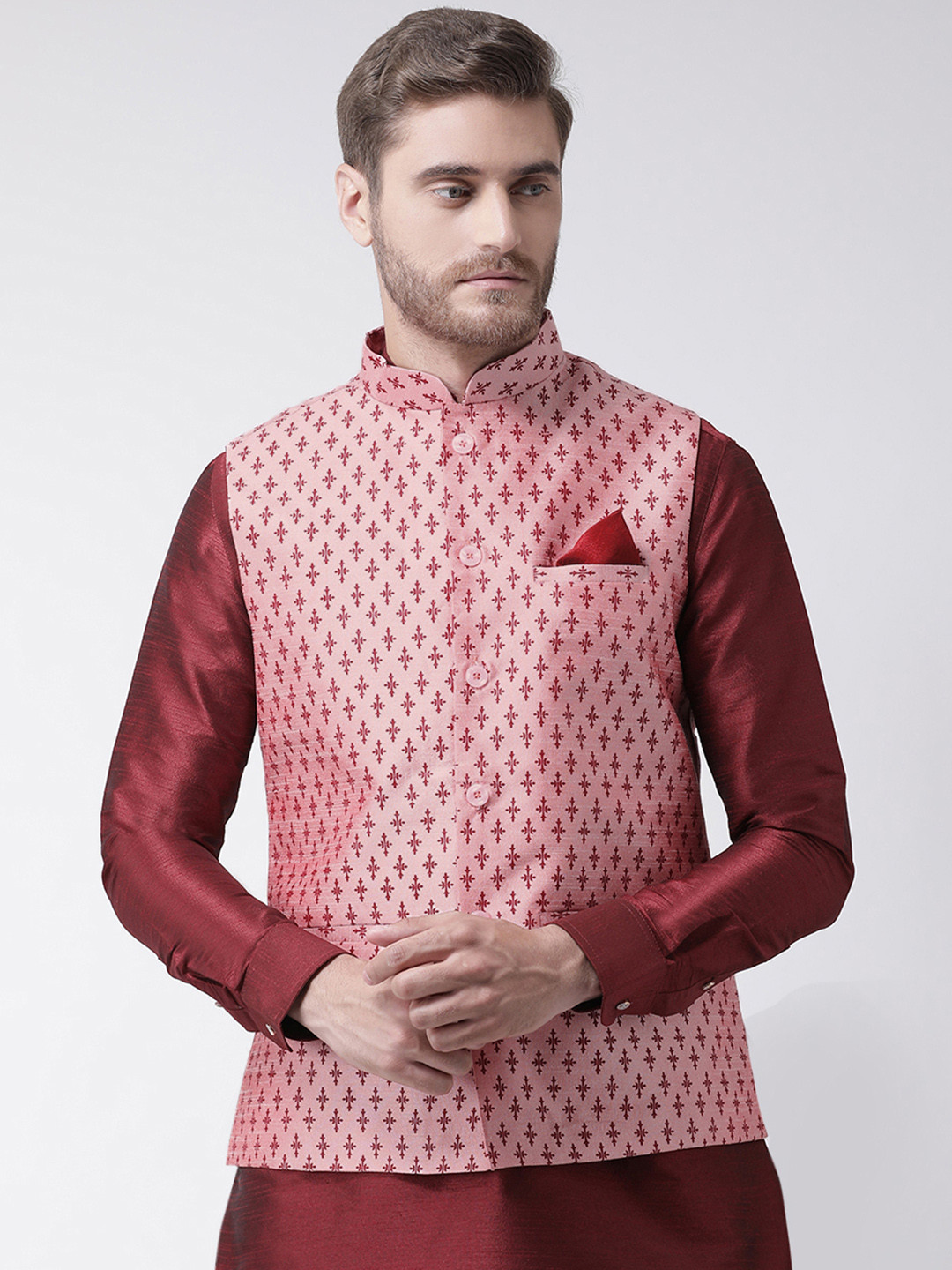 

DEYANN Men Pink Printed Nehru Jacket