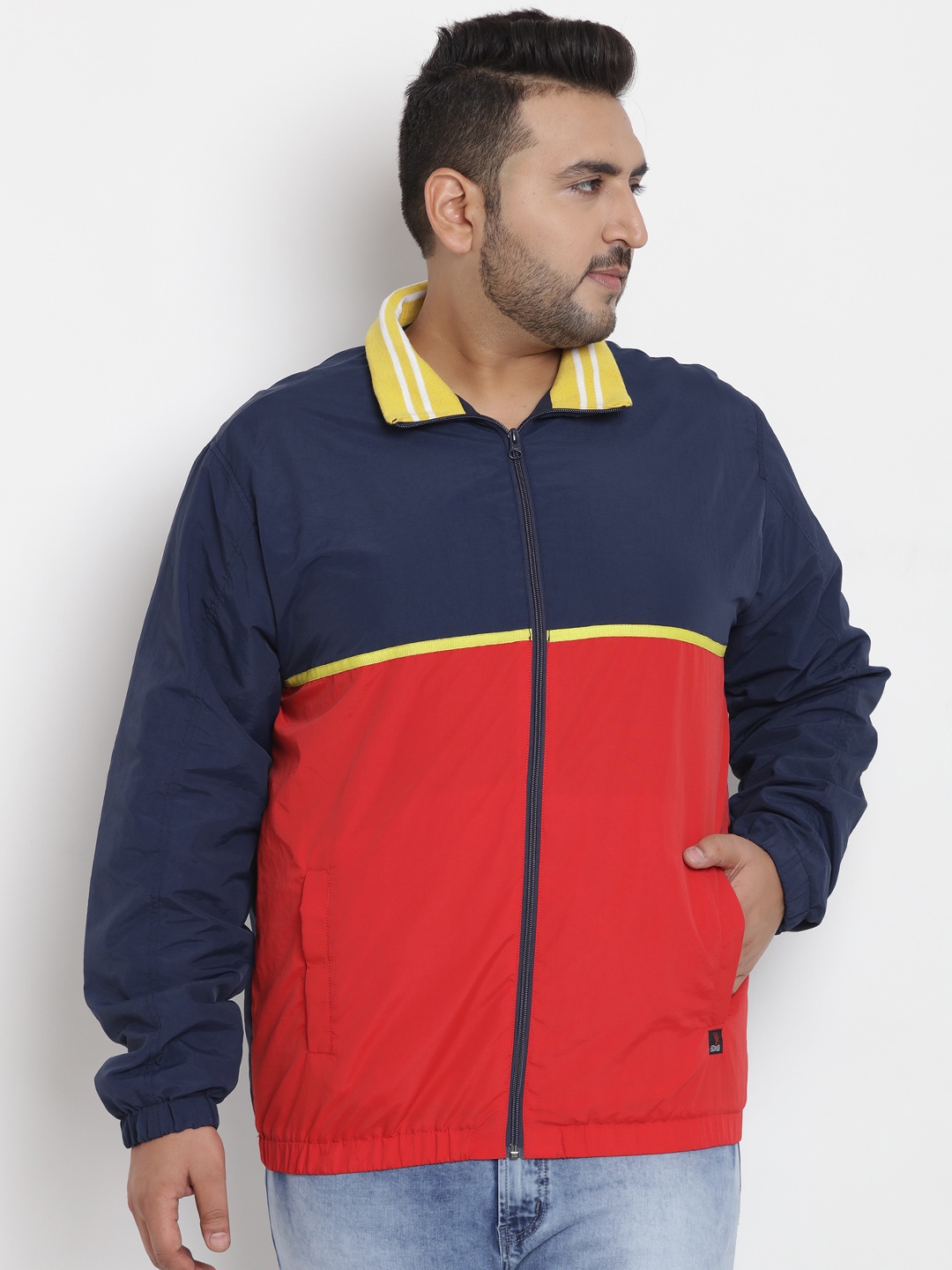 

John Pride Plus Size Men Blue Red Colourblocked Lightweight Bomber