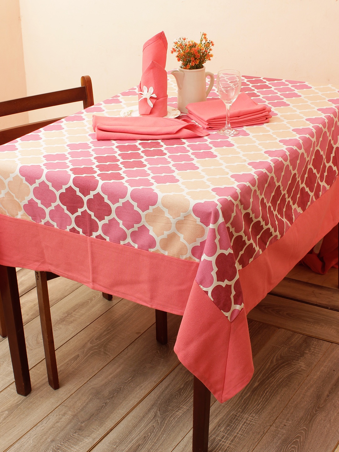 

Soumya Pink & Beige Printed Table Cover With Set of 6 Napkins