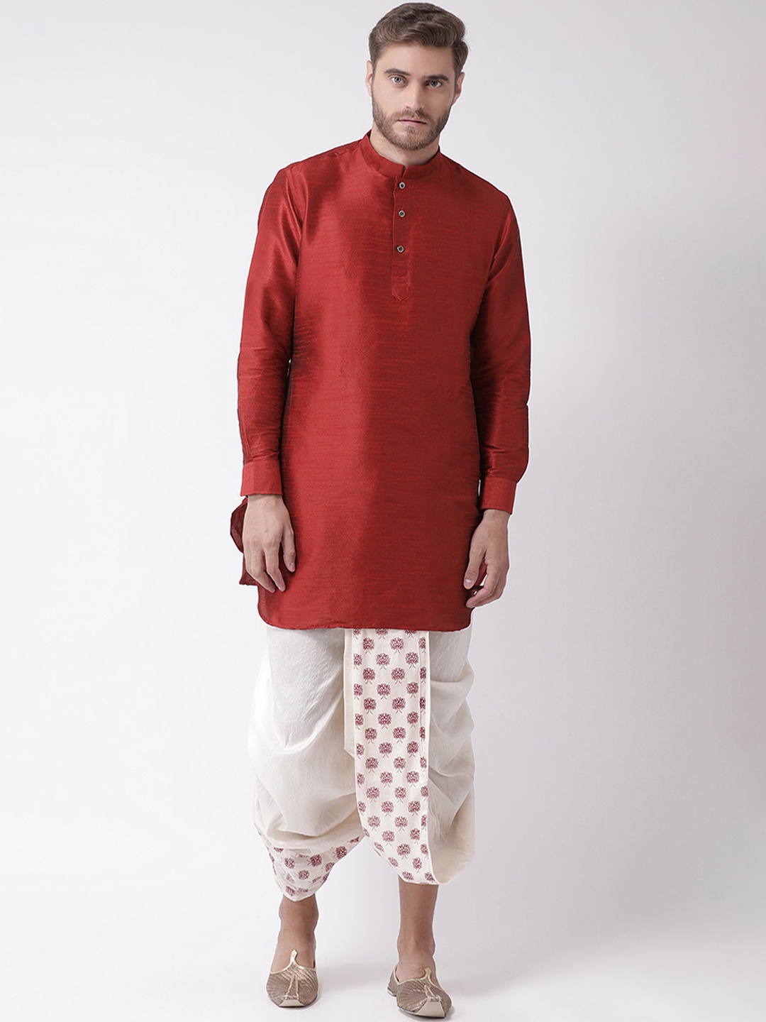 

DEYANN Men Red & Off-White Solid Kurta with Dhoti Pants