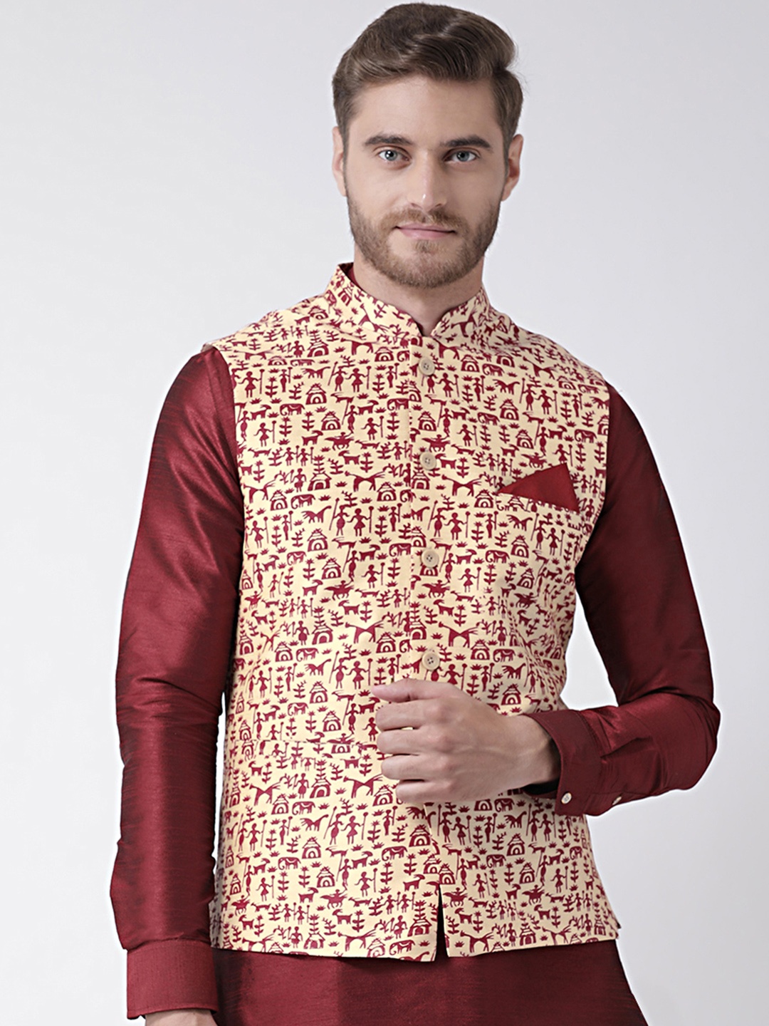 

DEYANN Men Cream-Coloured & Maroon Printed Nehru Jacket