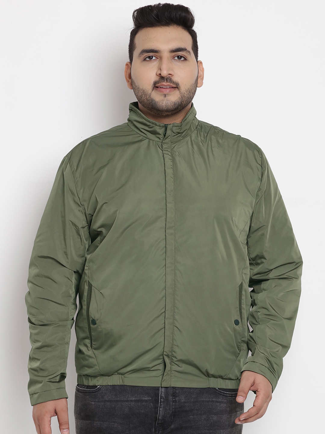 

John Pride Plus Size Men Olive Green Solid Lightweight Bomber