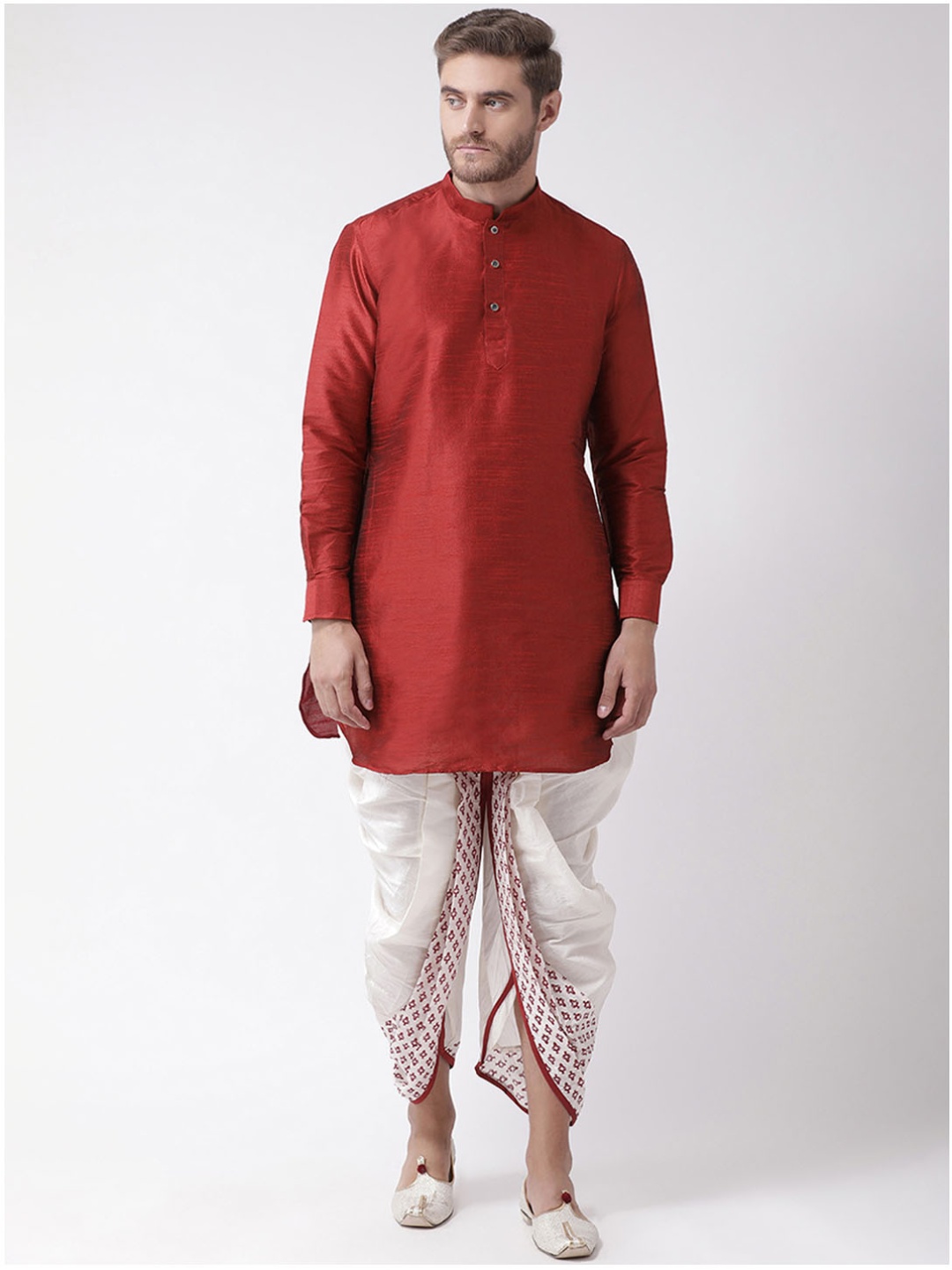 

DEYANN Men Red & Off-White Solid Dupion Silk Kurta with Dhoti Pants