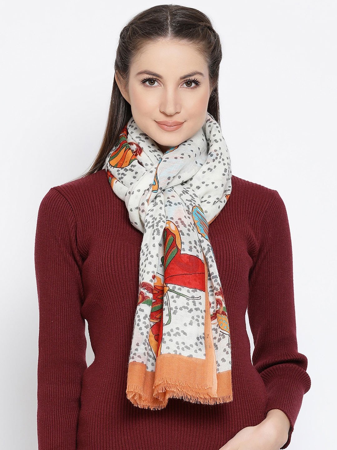 

Shingora Women Off White Butterfly Printed Woolen Shawl