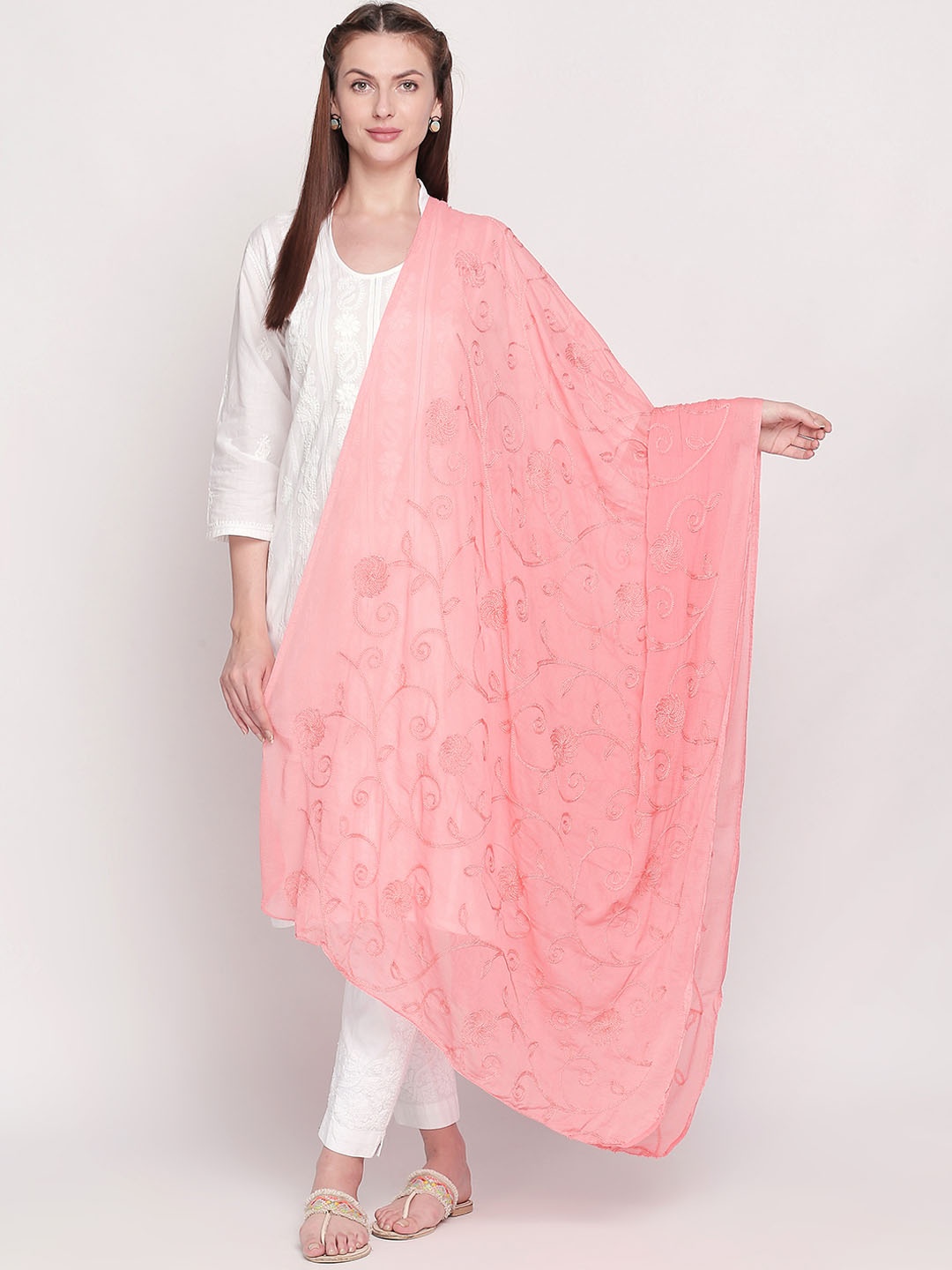 Dupatta Bazaar Peach-Coloured Embroidered Chiffon Dupatta