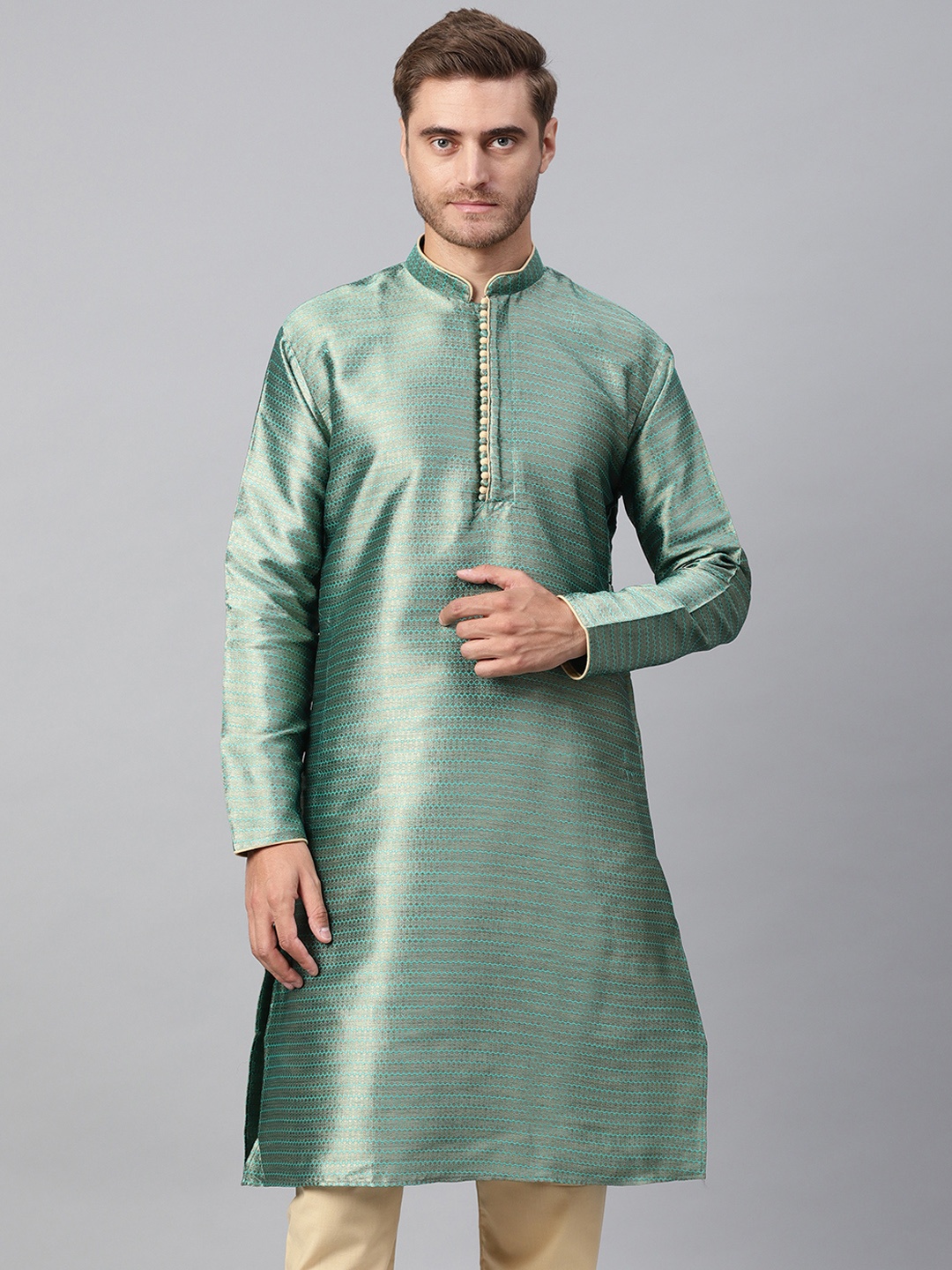 

SOJANYA Men Sea Green & Beige Woven Design Straight Kurta