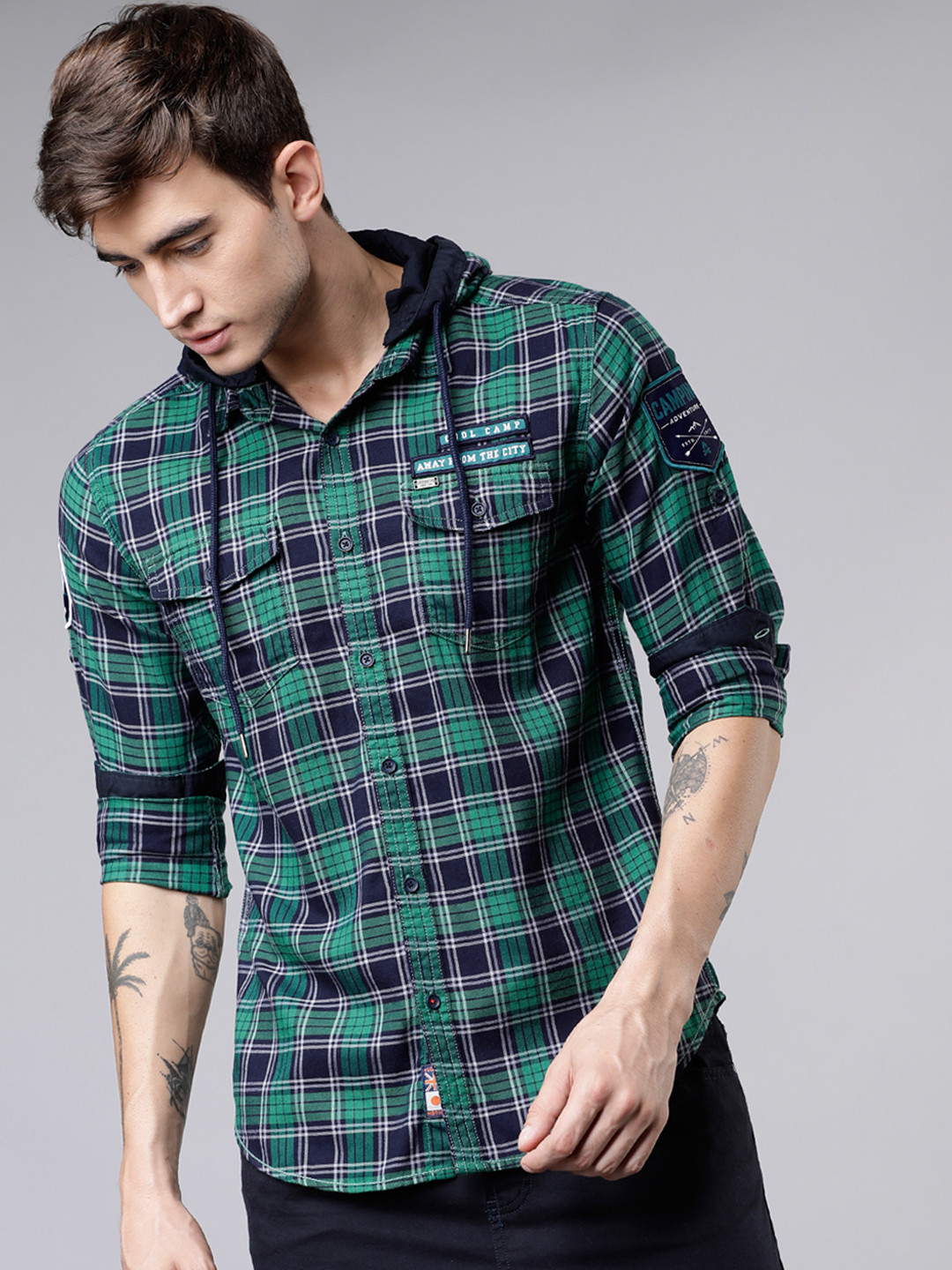 

LOCOMOTIVE Men Green & Navy Blue Slim Fit Checked Casual Shirt
