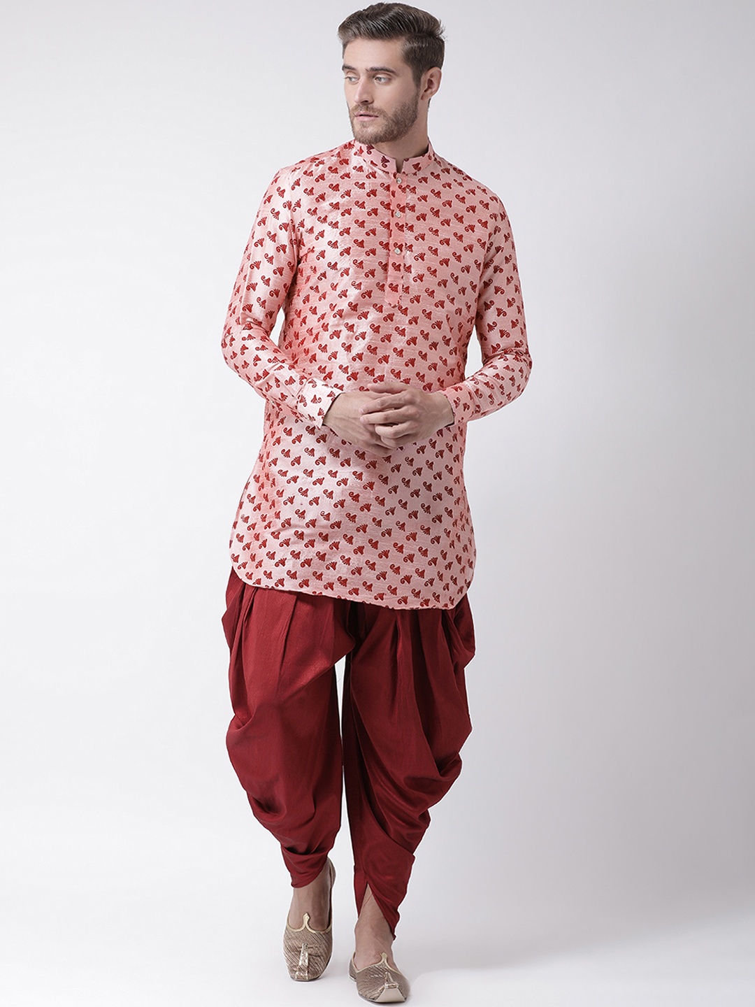 

DEYANN Men Pink & Maroon Printed Dupion Silk Kurta with Patiala