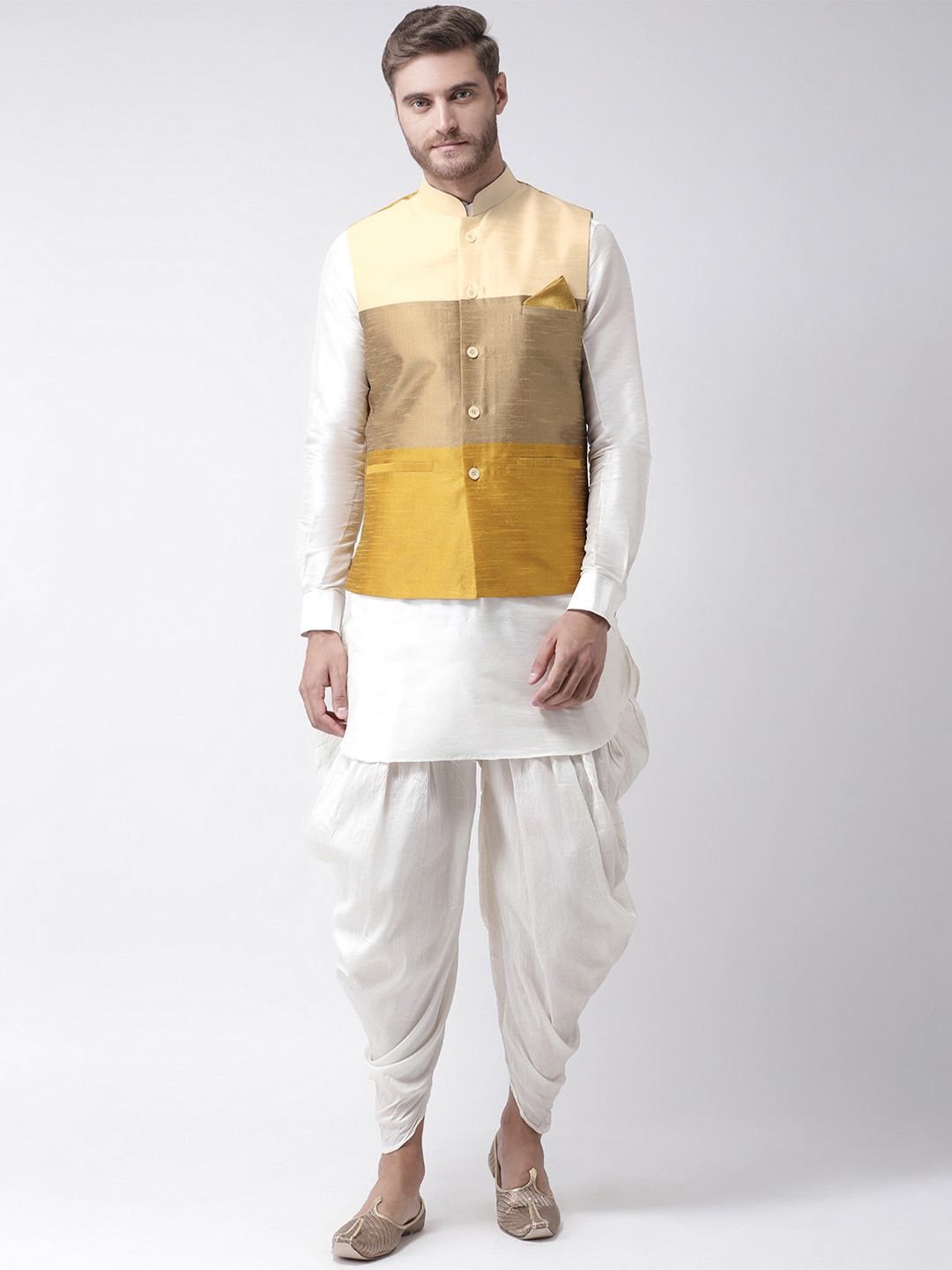 

DEYANN Men Off-White & Gold-Coloured Colourblocked Kurta with Dhoti Pants & Nehru Jacket