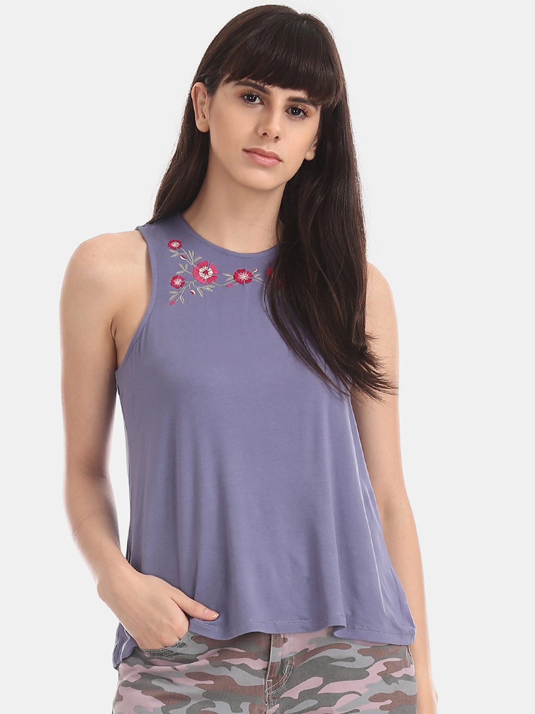 

Aeropostale Women Purple Self Design Tank Top