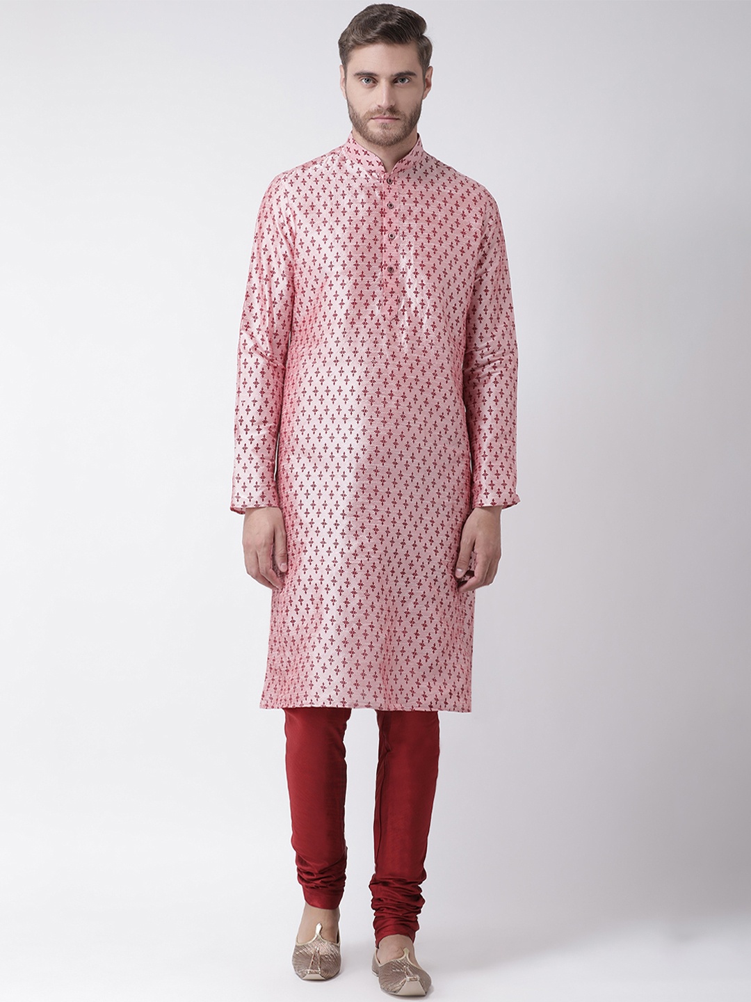 

DEYANN Men Pink & Red Printed Kurta with Churidar