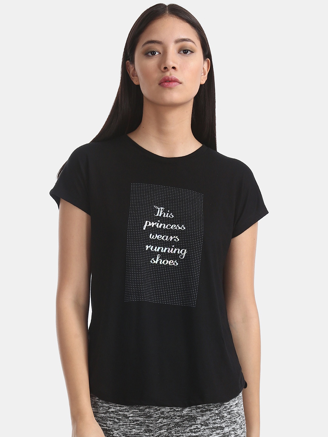 

Sugr Women Black Rubber Print Round Neck Active T-shirt