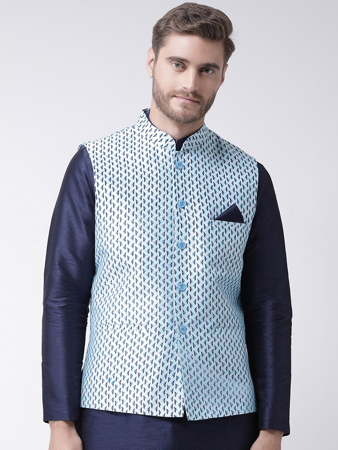 

DEYANN Men Blue Printed Nehru Jacket
