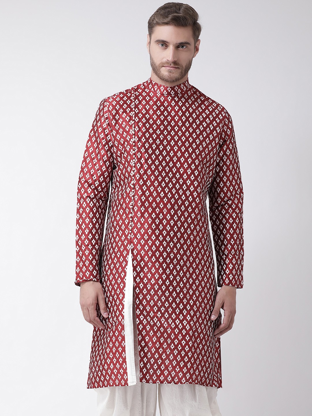 

DEYANN Men Red & White Printed Straight Kurta