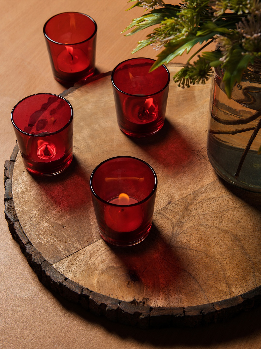 Homesake Red Set of 4 Glossy Votive Glass Candle Holder with T-Light