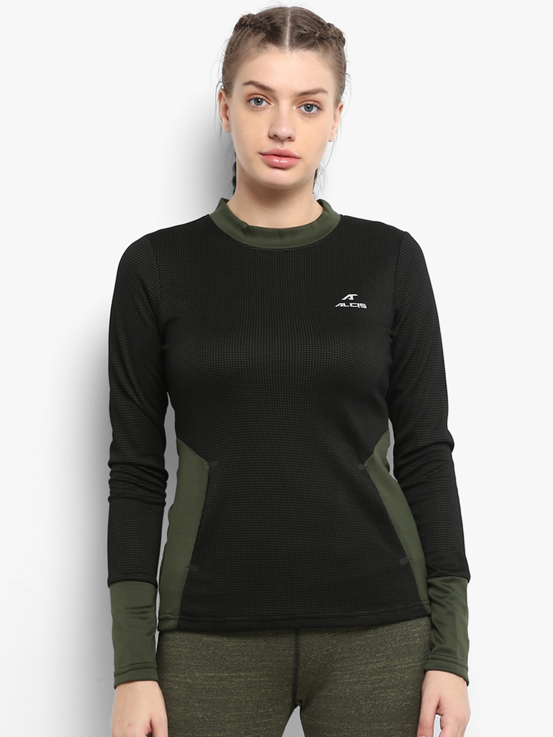 

Alcis Women Black & Olive Green Printed AntiStatix Rapid Dry Sweatshirt