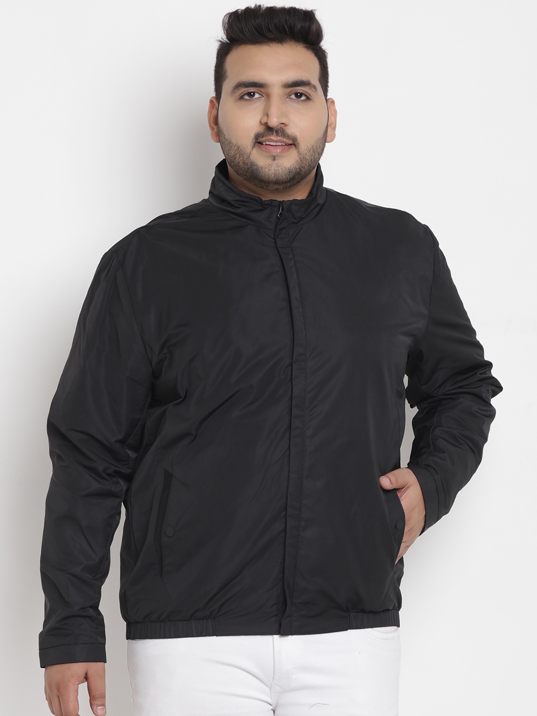 

John Pride Plus Size Men Black Solid Lightweight Bomber