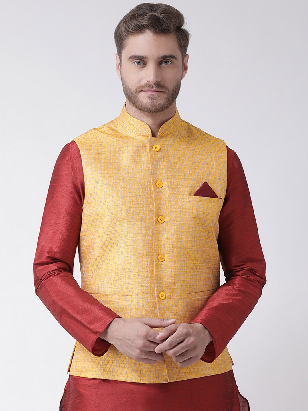 DEYANN Men Yellow Woven Design Nehru Jacket