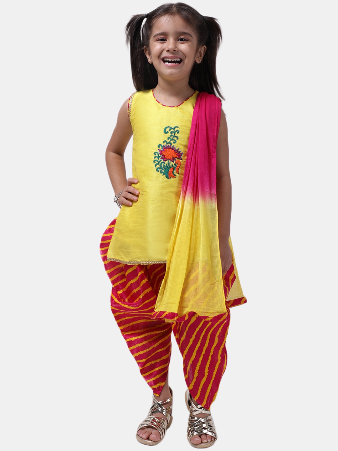 

BownBee Girls Yellow Self Design Kurti with Dhoti Pants & Dupatta