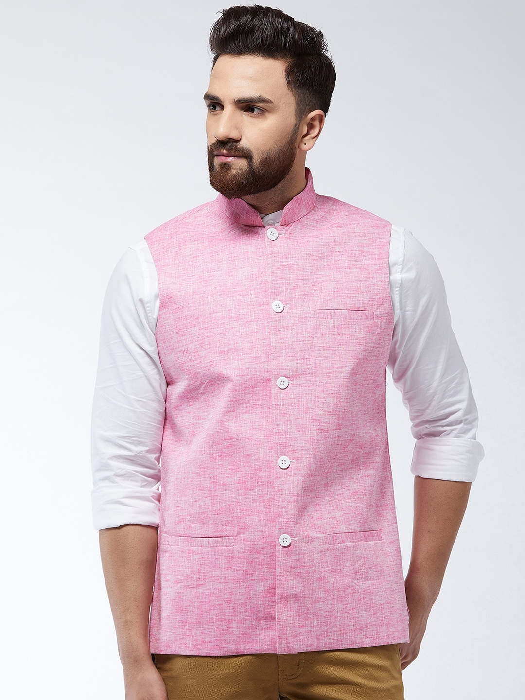 

SOJANYA Men Pink Solid Nehru Jacket