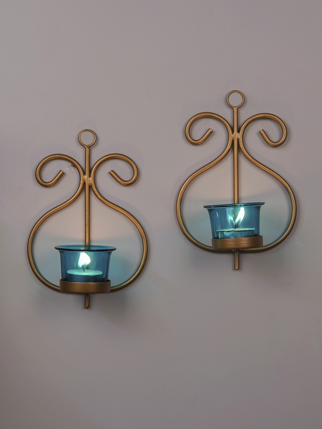 

Homesake Set of 4 Gold-Toned & Turquoise Blue Candle Holders With Candles