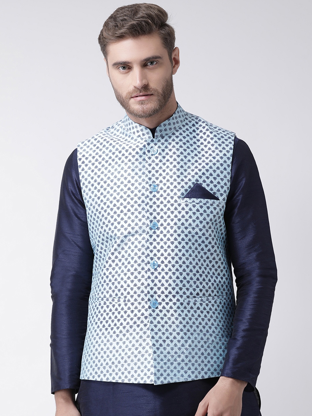 

DEYANN Men Blue Printed Nehru Jacket