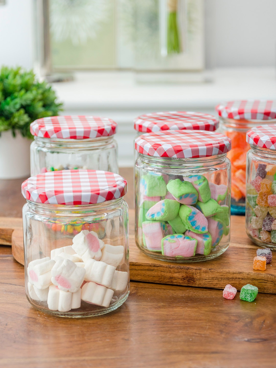 

GOODHOMES Set of 12 Transparent & Red Glass Candy Polka Jars with Metal Lids