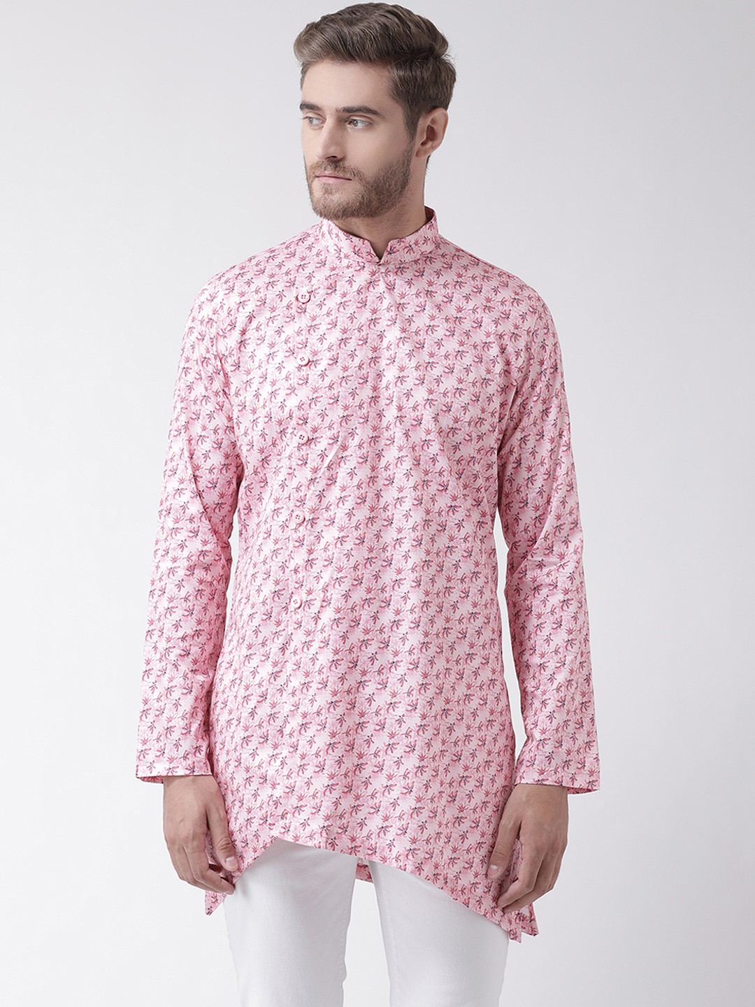 

DEYANN Men Pink Floral Printed Straight Kurta