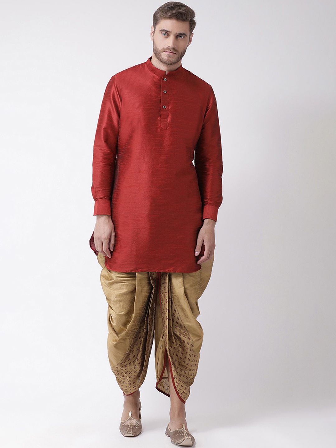 

DEYANN Men Red & Brown Solid Kurta with Dhoti Pants