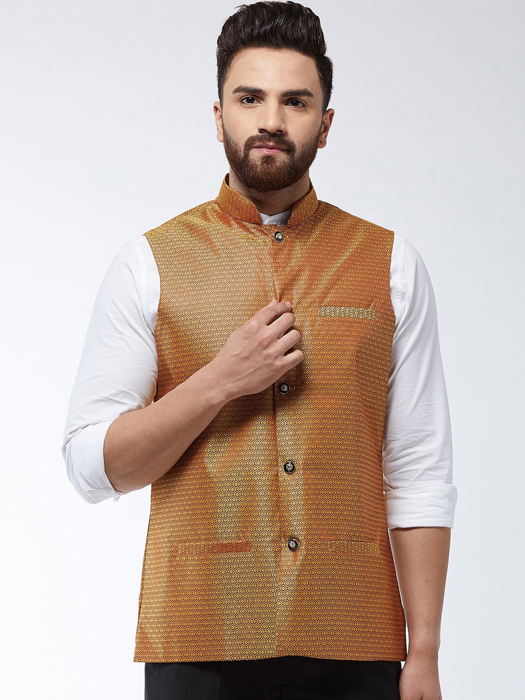 

SOJANYA Men Gold-Coloured Woven Design Nehru Jacket