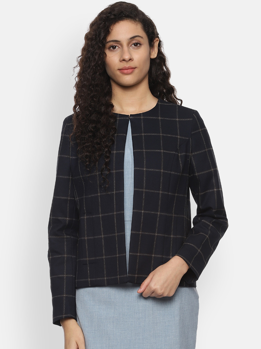 

Van Heusen Woman Navy Blue Checked Rround Neck Blazer