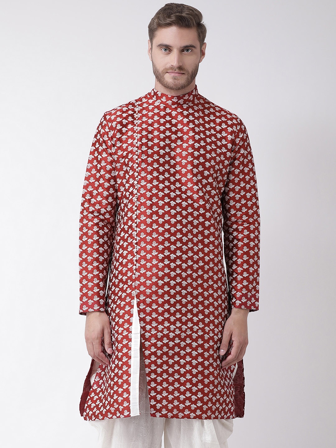 DEYANN Men Red & White Printed Straight Kurta