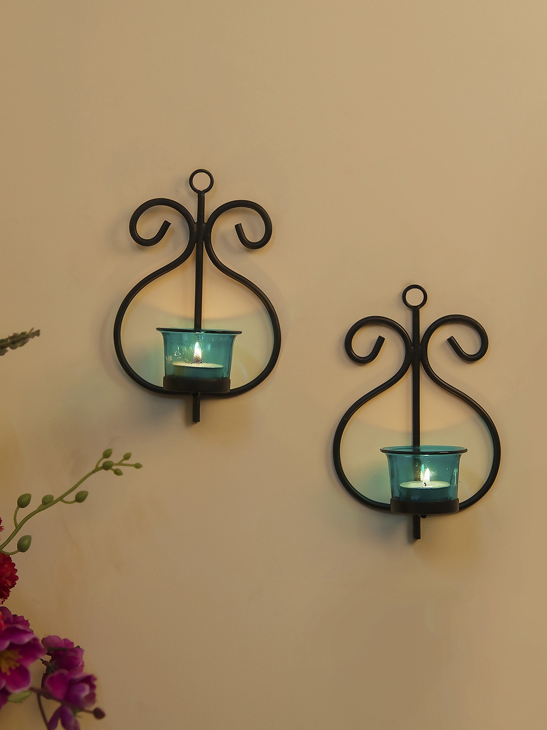

Homesake Set of 4 Black & Turquoise Blue Candle Holders With Candles