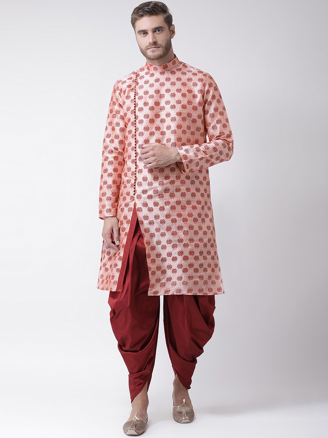DEYANN Men Pink & Maroon Printed Kurta with Dhoti Pants