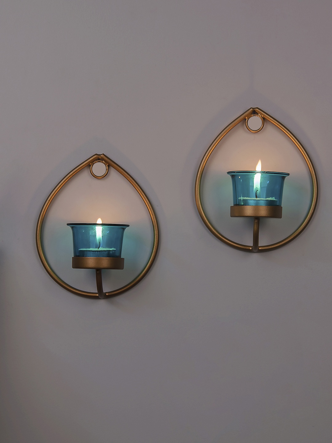 

Homesake Set of 2 Gold-Toned & Turquoise Blue Candle Holders With Candles