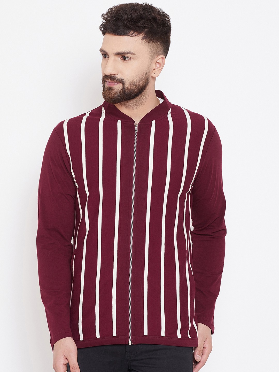 

Hypernation Men Maroon & Off-White Striped Zipper T-shirt
