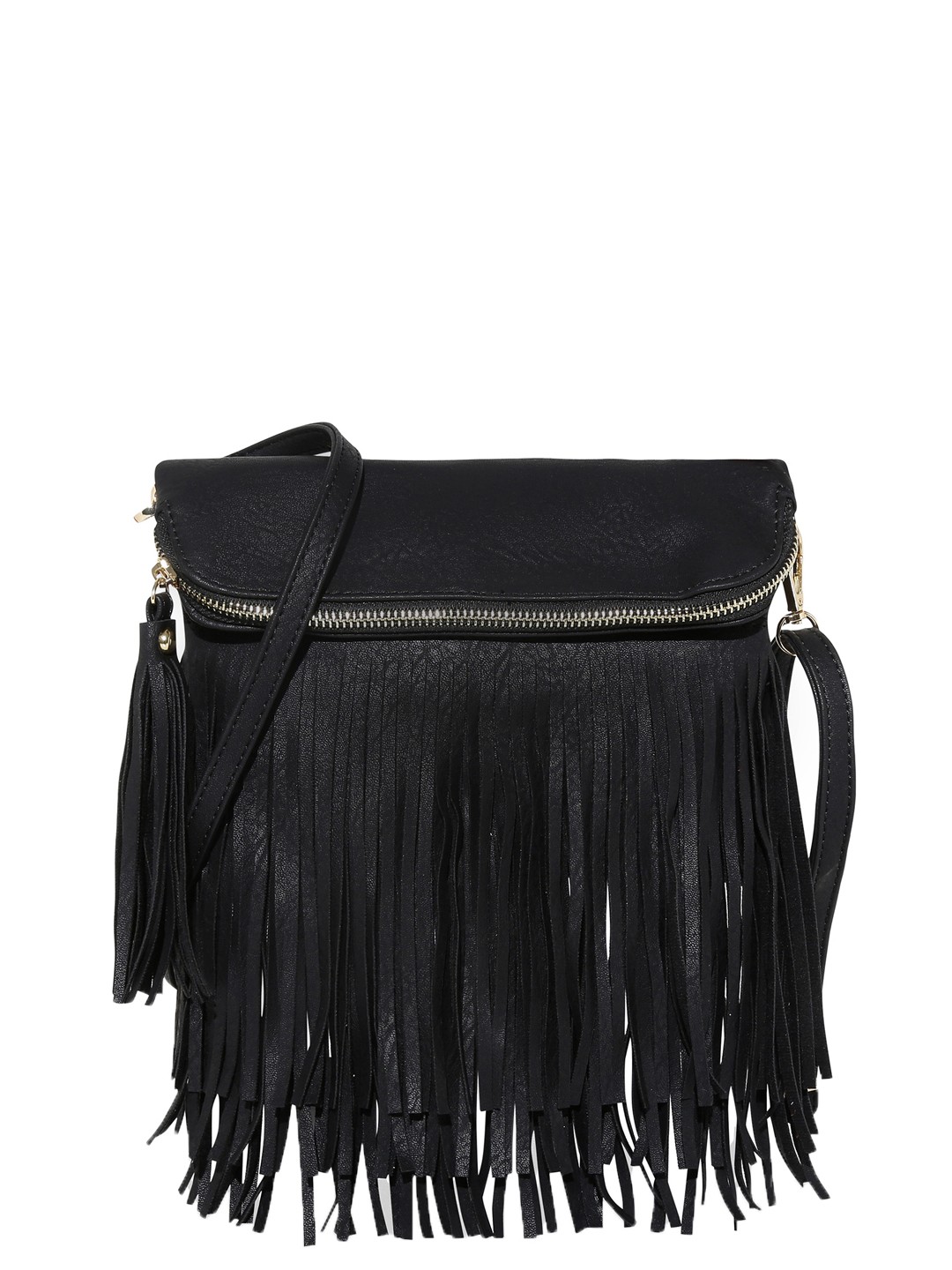 

KLEIO Black Solid Fringed Crossbody Sling Bag