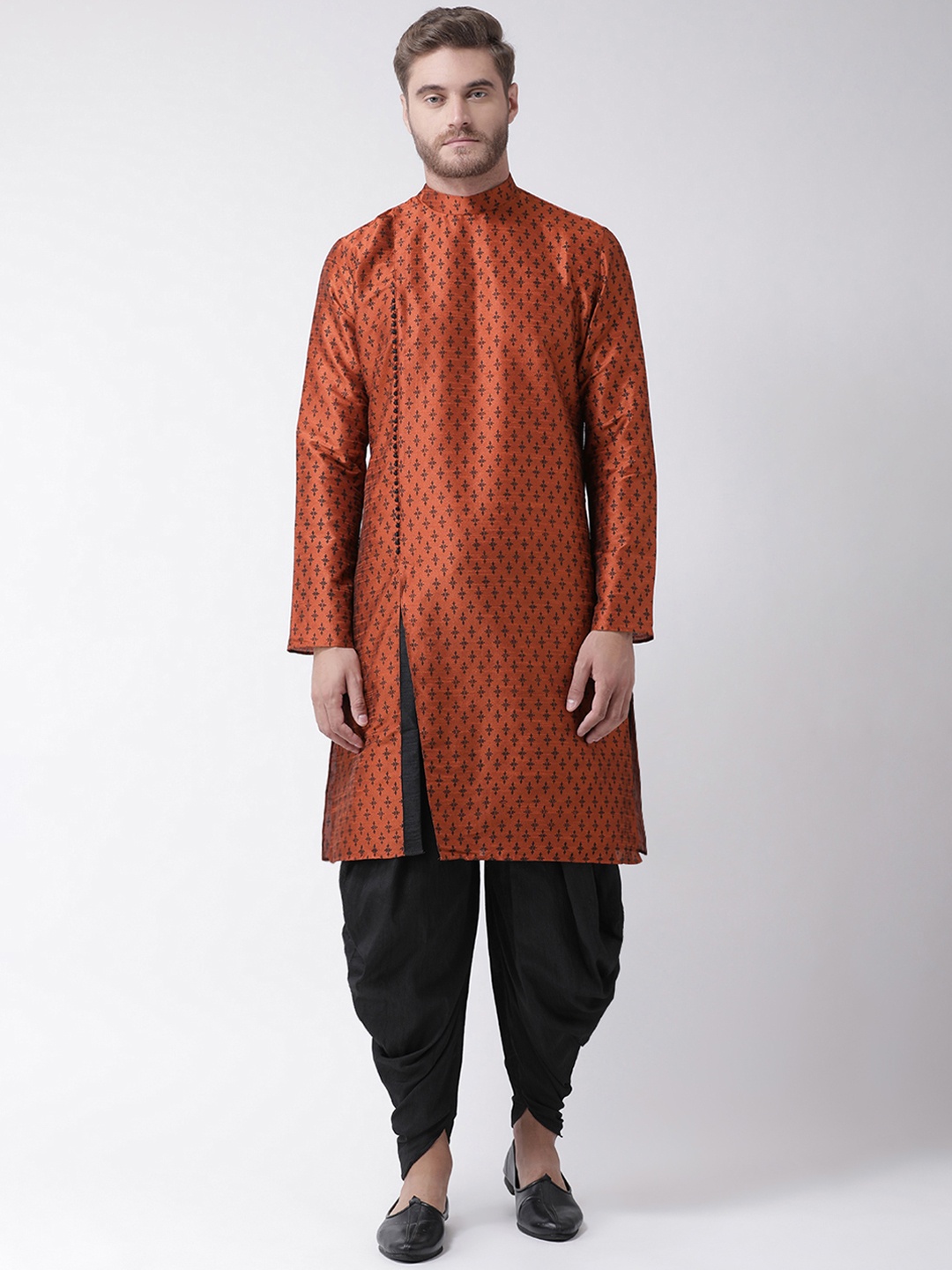 

DEYANN Men Orange & Black Printed Kurta with Dhoti Pants