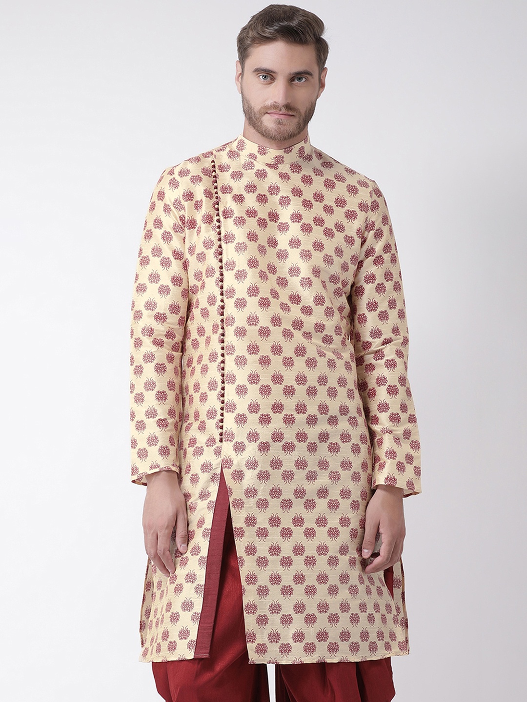 

DEYANN Men Cream-Coloured & Maroon Printed Straight Kurta