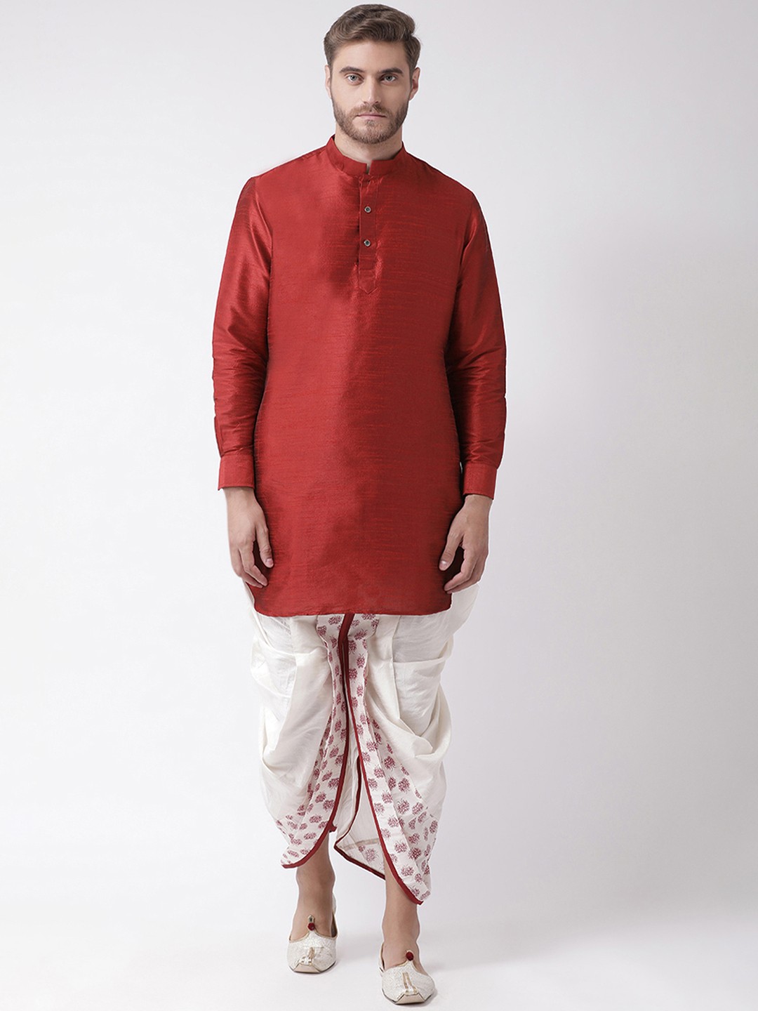 

DEYANN Men Red & Off-White Solid Kurta with Dhoti Pants