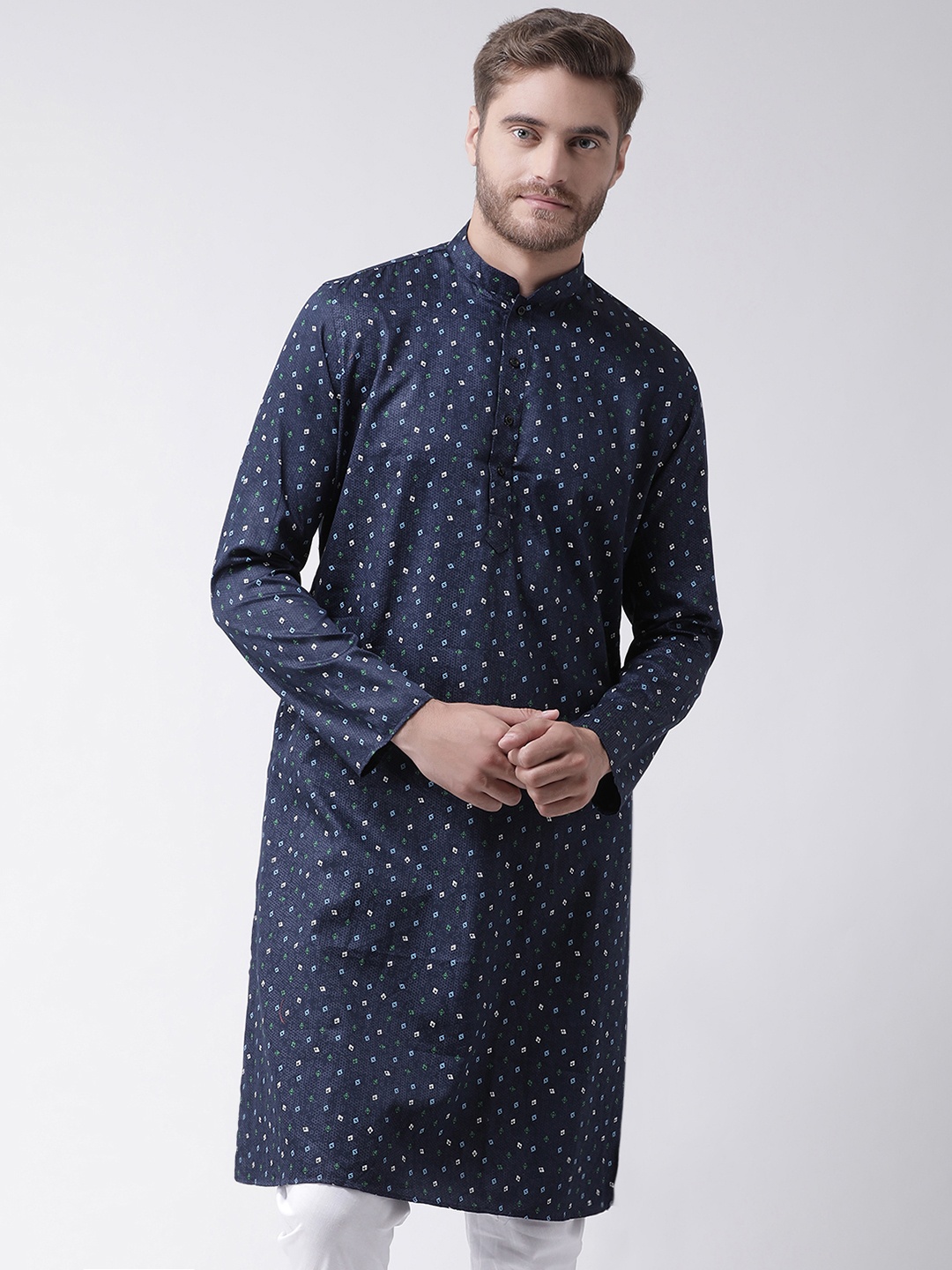 

DEYANN Men Navy Blue Printed Straight Kurta