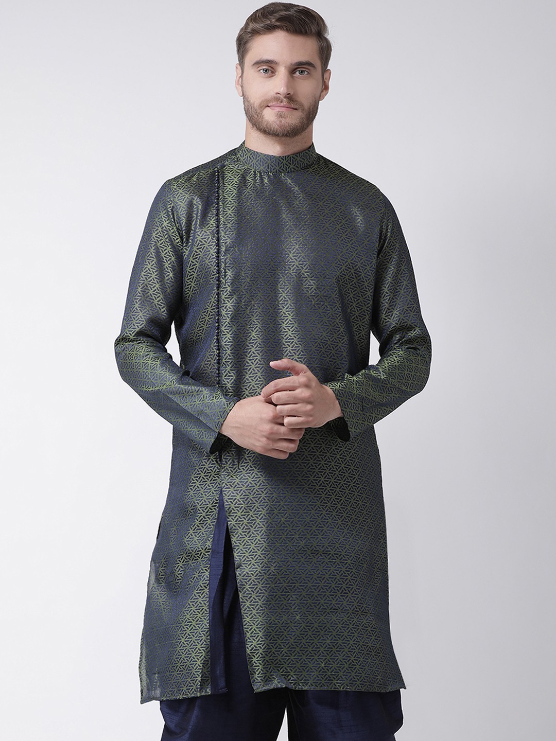 

DEYANN Men Olive Green & Blue Woven Design Straight Kurta
