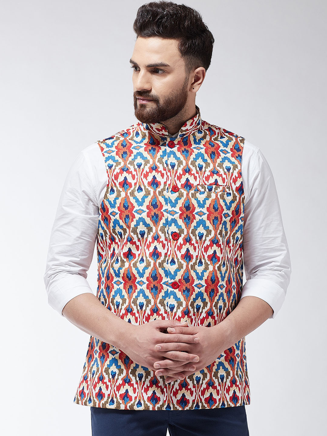 

SOJANYA Men Red & Blue Printed Nehru Jacket