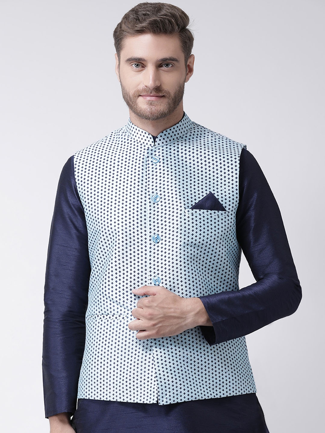 

DEYANN Men Blue Printed Nehru Jacket